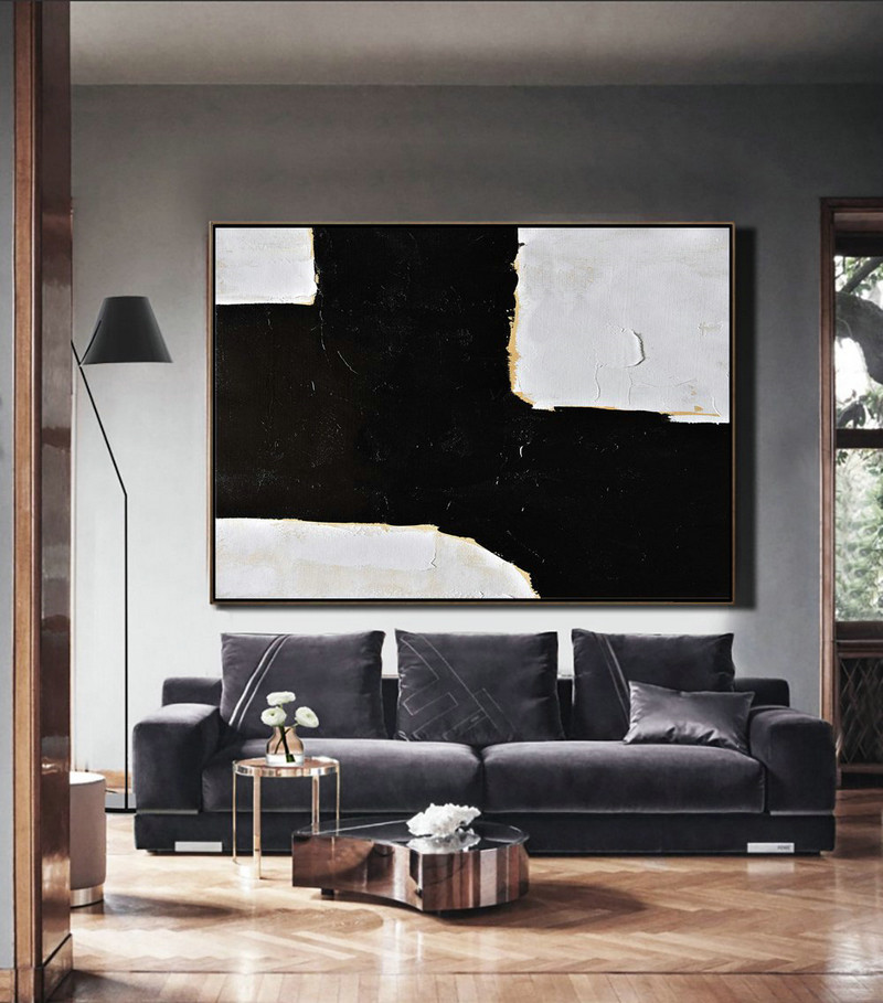 Custom Canvas Wall Art,Horizontal Palette Knife Minimal Canvas Art Painting Black White Beige - Modern Art Abstract Painting